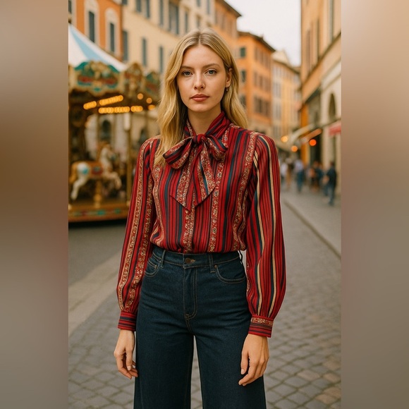 Vintage Tops - Vintage 70’s Blouse Ditsy Floral Stripes Tie Neck Pussybow Red Cream Navy S​​